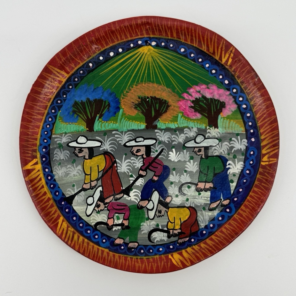 Mexican Folk Art Hand Painted Village Field Harvest Wall Plate 6.5" Rustic Boho